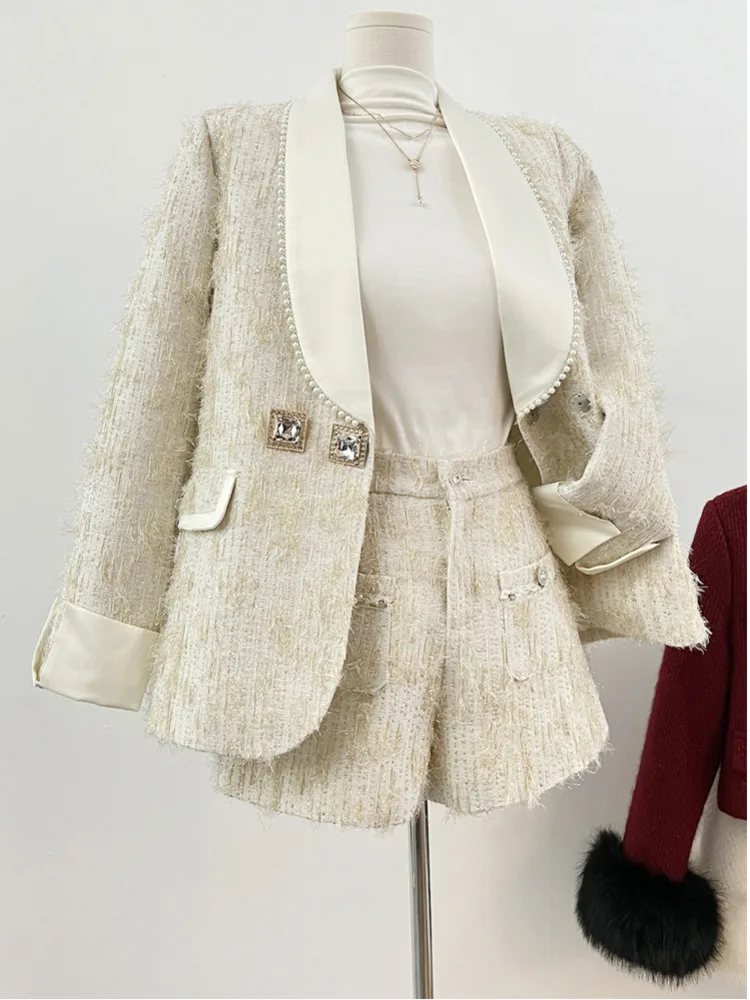 French Small Fragrance Lady Elegant Tweed Woolen Blazer Shorts Suits Autumn Outfits Celebrity Luxury 2 Piece Chic Matching Sets