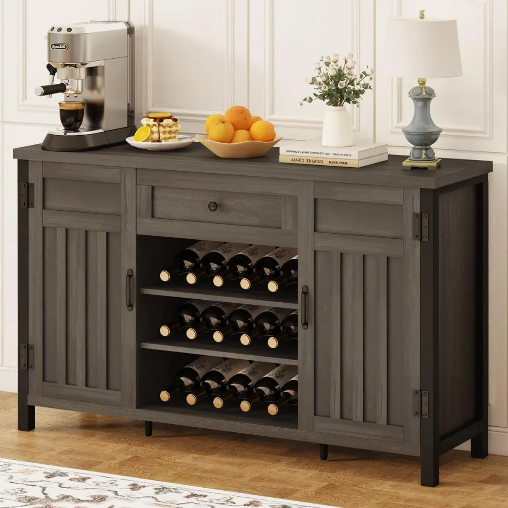 

Side panel storage cabinet with drawers, farmhouse kitchen cabinet with wine rack, rural wooden cabinet for kitchen use