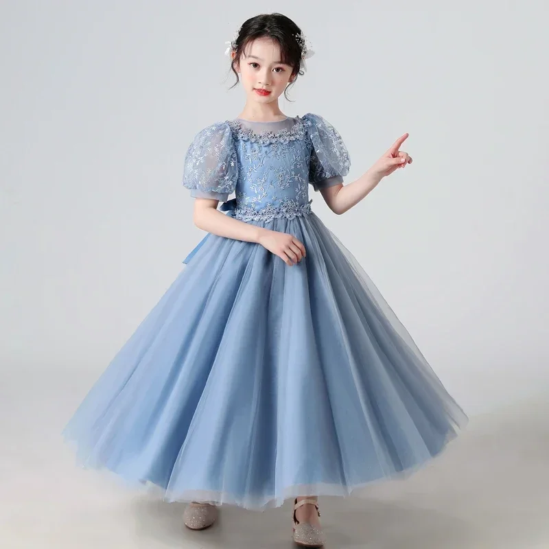 Girls Dress Summer Princess Dresses Sequins Puff Sleeve Ankle-Length Mesh Flower Girl One-piece For Wedding Evening Party