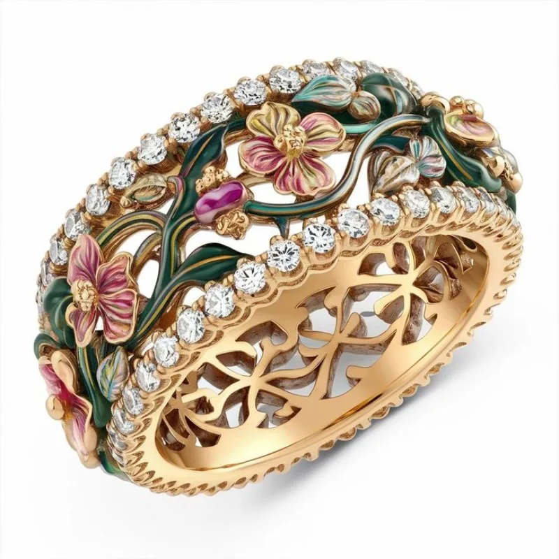 

Vintage Inlaid White CZ Flower Enamel Women's Ring Ethnic Gold Color Hand Carving Daily Wear Party Jewelry Anniversary Gift