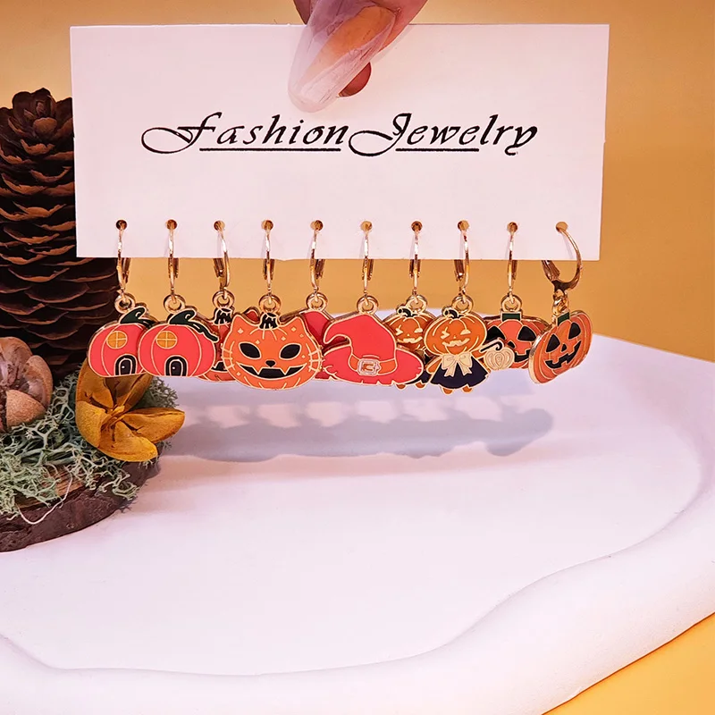 Pendientes colgantes de Halloween para mujer, conjunto de 10 piezas, colgantes de calabaza, arañas, gota de aceite, fantasma, accesorios de joyería