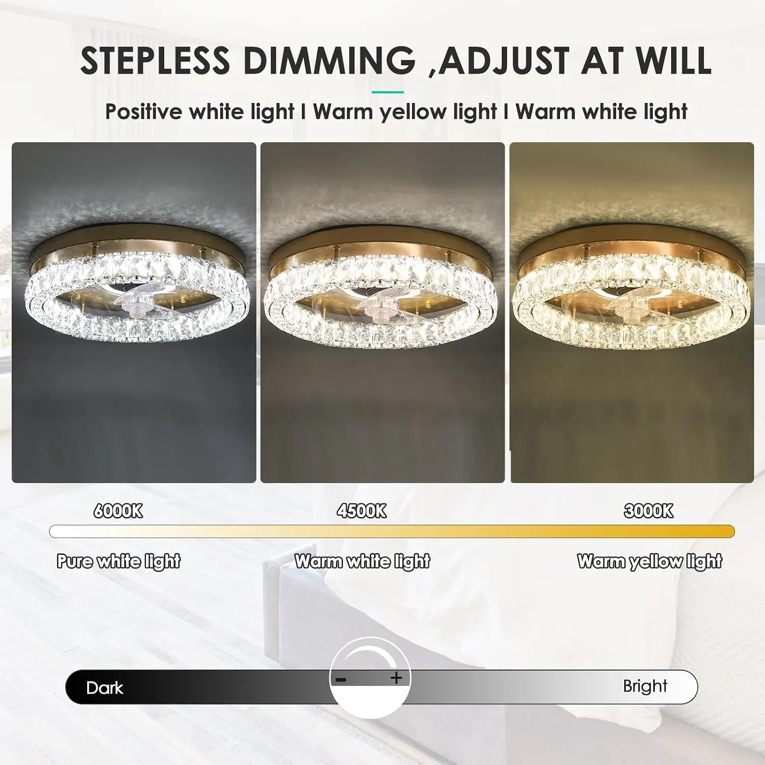 Gold Crystal Embedded Ceiling Fan Light with LED Lighting, Remote Controlled