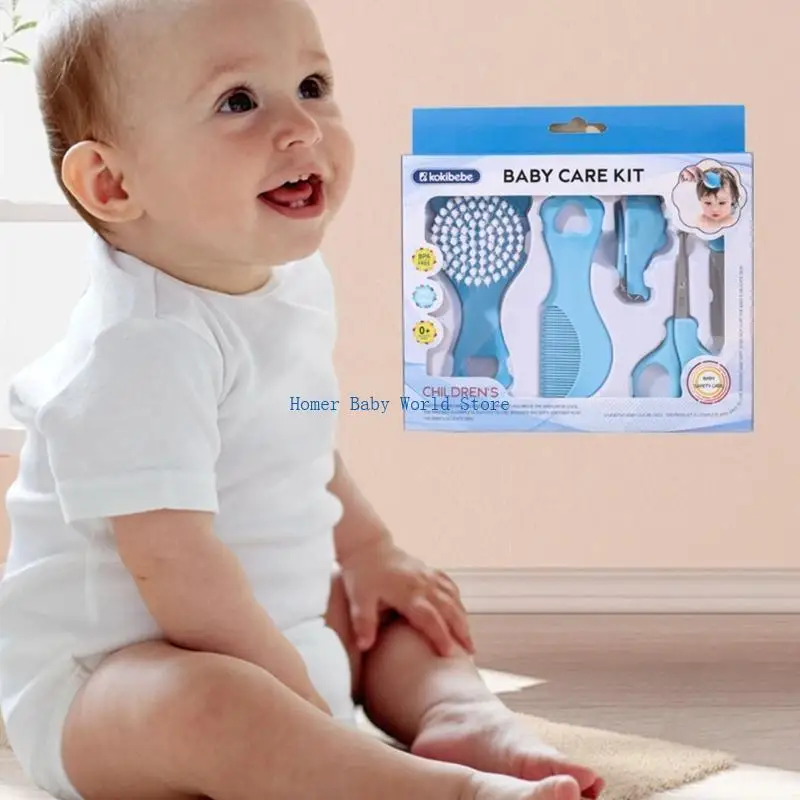 

B2QD Infant Grooming 5 Piece Set Feature Cartoon Design Gentle Brush Hair Comb & Nails Trimmer for Delicate Skin