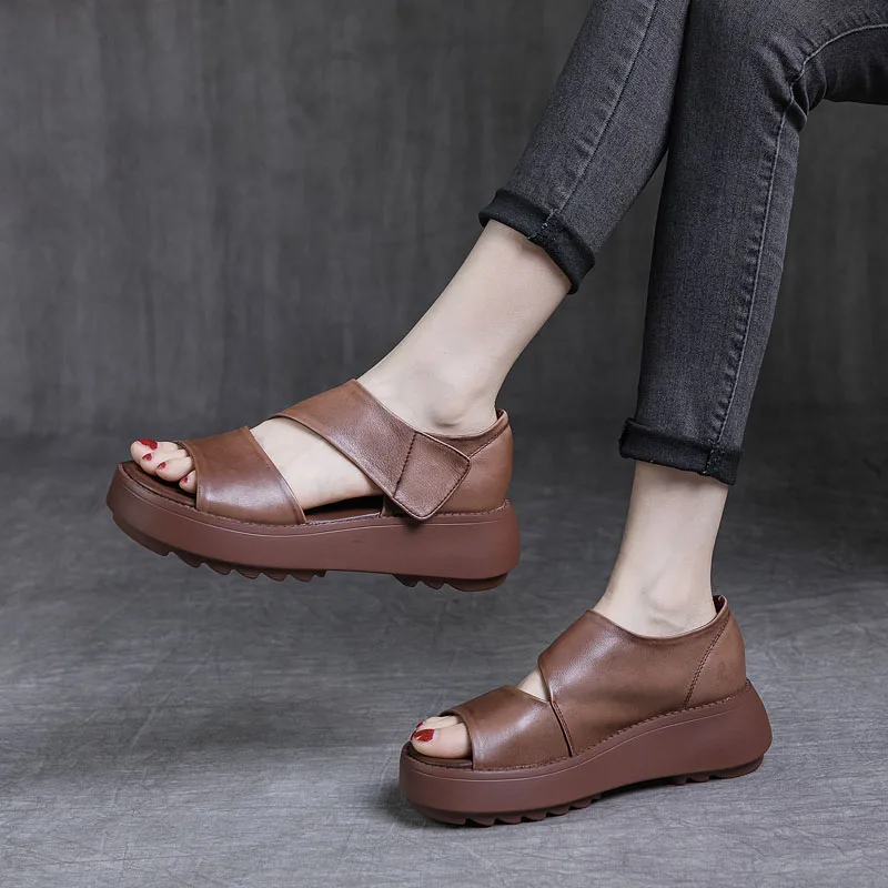 DRKANOL Women Platform Sandals 2024 Summer Wedges Heel Open Toe Shoes 100% Genuine Leather Casual Sandals Female Handmade Retro