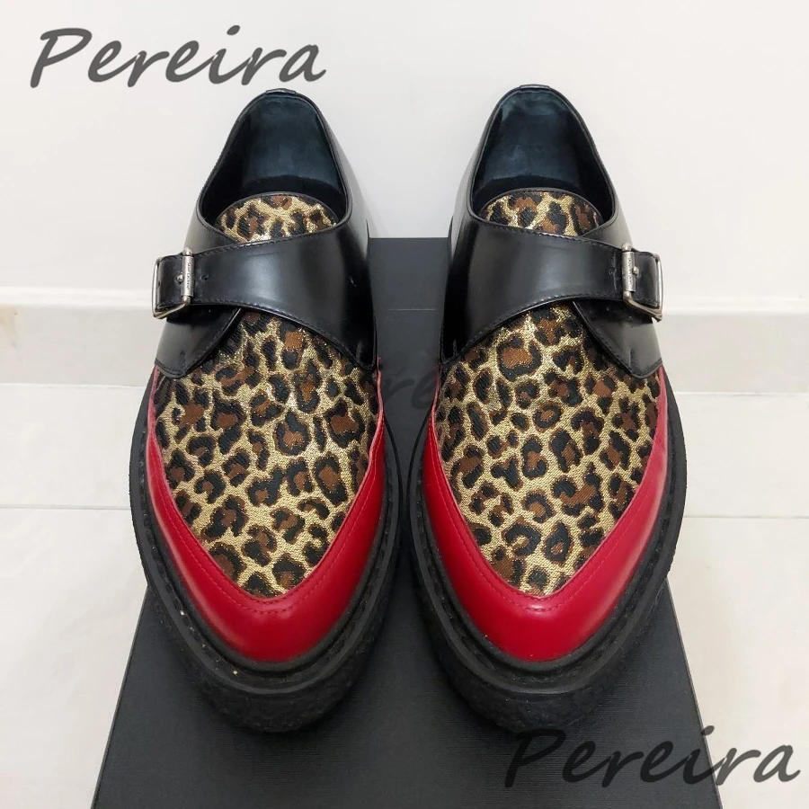 Men's Leopard Print Cowhide Derby Shoes Pointed Toe Genuine Leather Thick Soled Oxfords Spring Summer New Business Dress Shoes