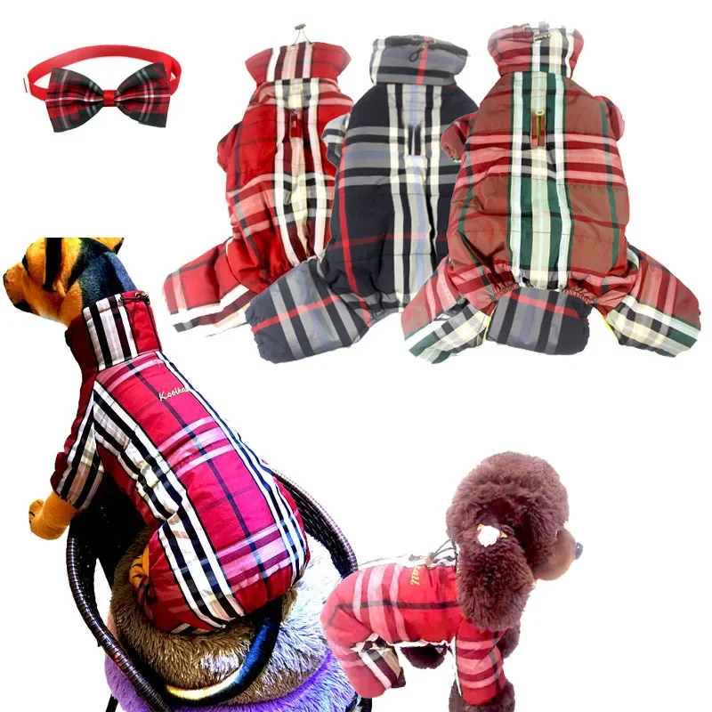 New Size Dog Pet Cotton Clothes Winter Clothes with Fleece Anti-dirt Warm Plaid Elastic Four-legged Pet Clothes Bow Tie