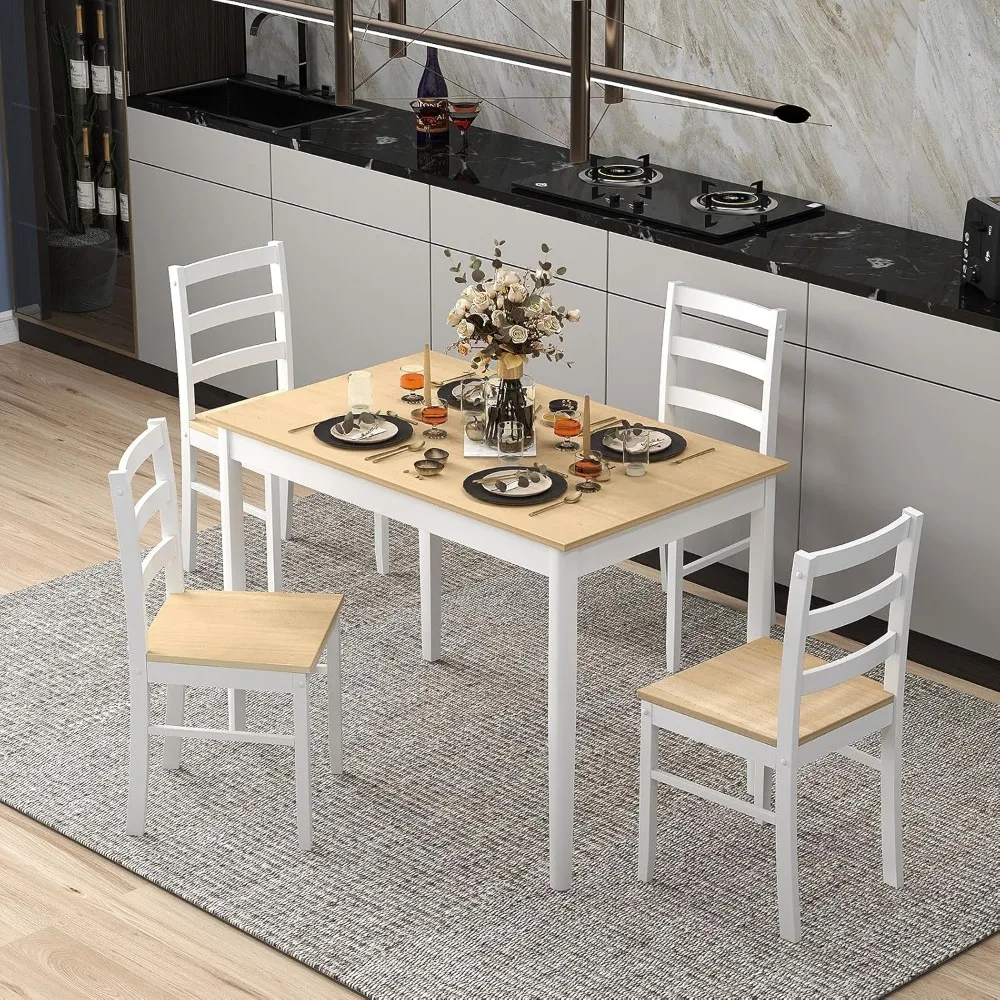 Farmhouse Kitchen Table and 4 Chairs with Rubber Wood Legs, Space-Saving Wooden Dinette Set for Small Space, Dining Room