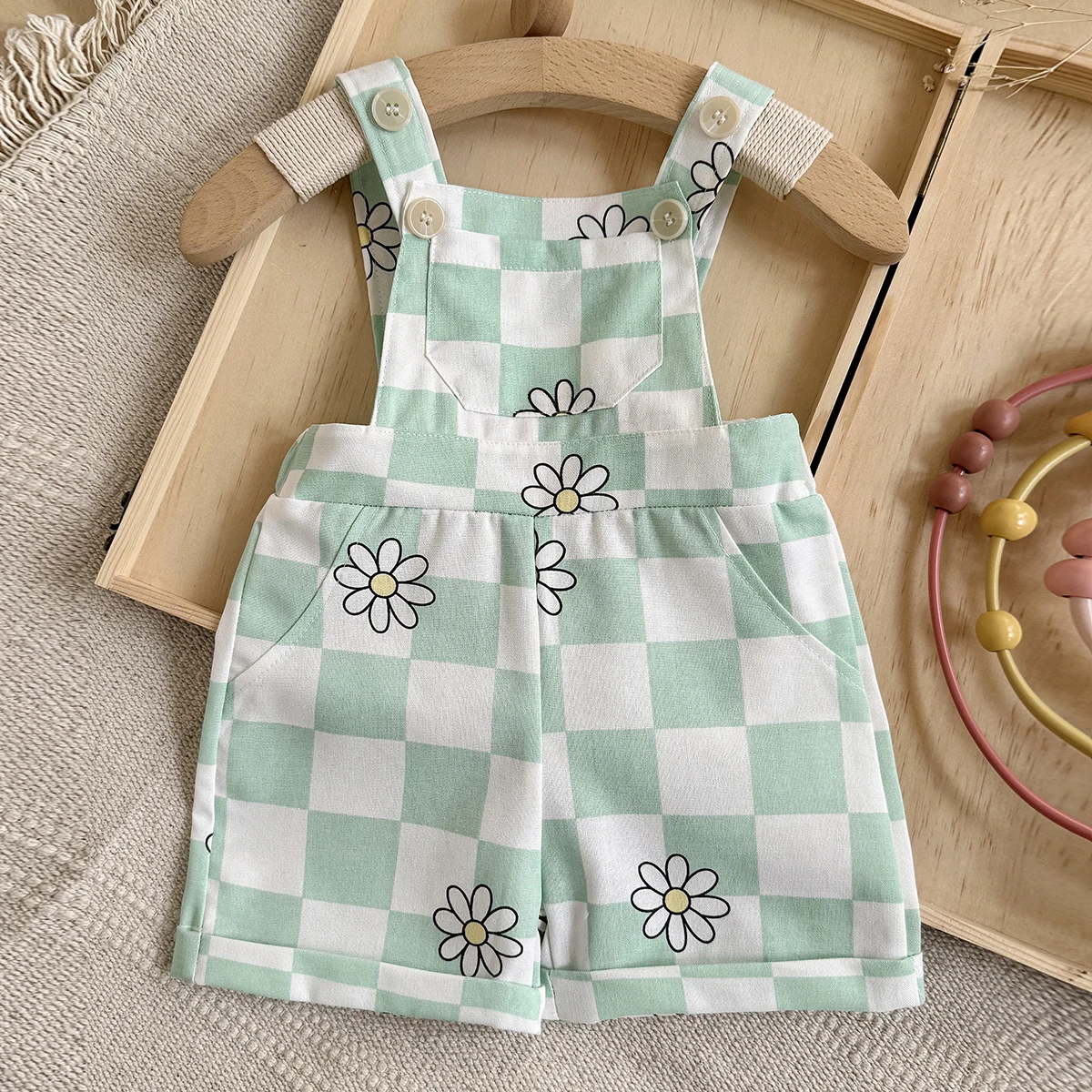 Summer Baby Unisex Boys/Girls Plaid Overalls Square Neck Sleeveless Floral Print Jumpsuit Casual Summer Clothes 0-3Y