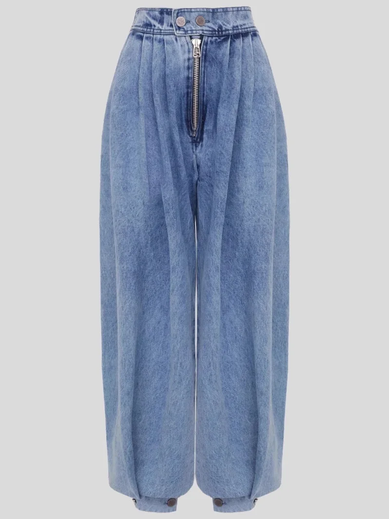 

High Waist Loose Fit Zipper Cuffed Denim Jeans Women's Spring Summer Casual Vintage Trousers Cross-Border Faion