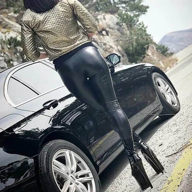 Plus Größe Schwarz PU Leder Hosen Hohe Taille Leggings Frauen Im Freien Tragen Schwarz Helle Pu Hosen Sexy Hüfte Heben Casual Hosen – Detail 12