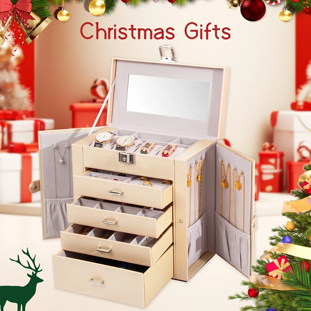 

Большая шкатулка для украшений, 5-уровневый органайзер для украшений из искусственной кожи с замком, многофункциональный футляр для хранения с зеркалом, органайзер для украшений.