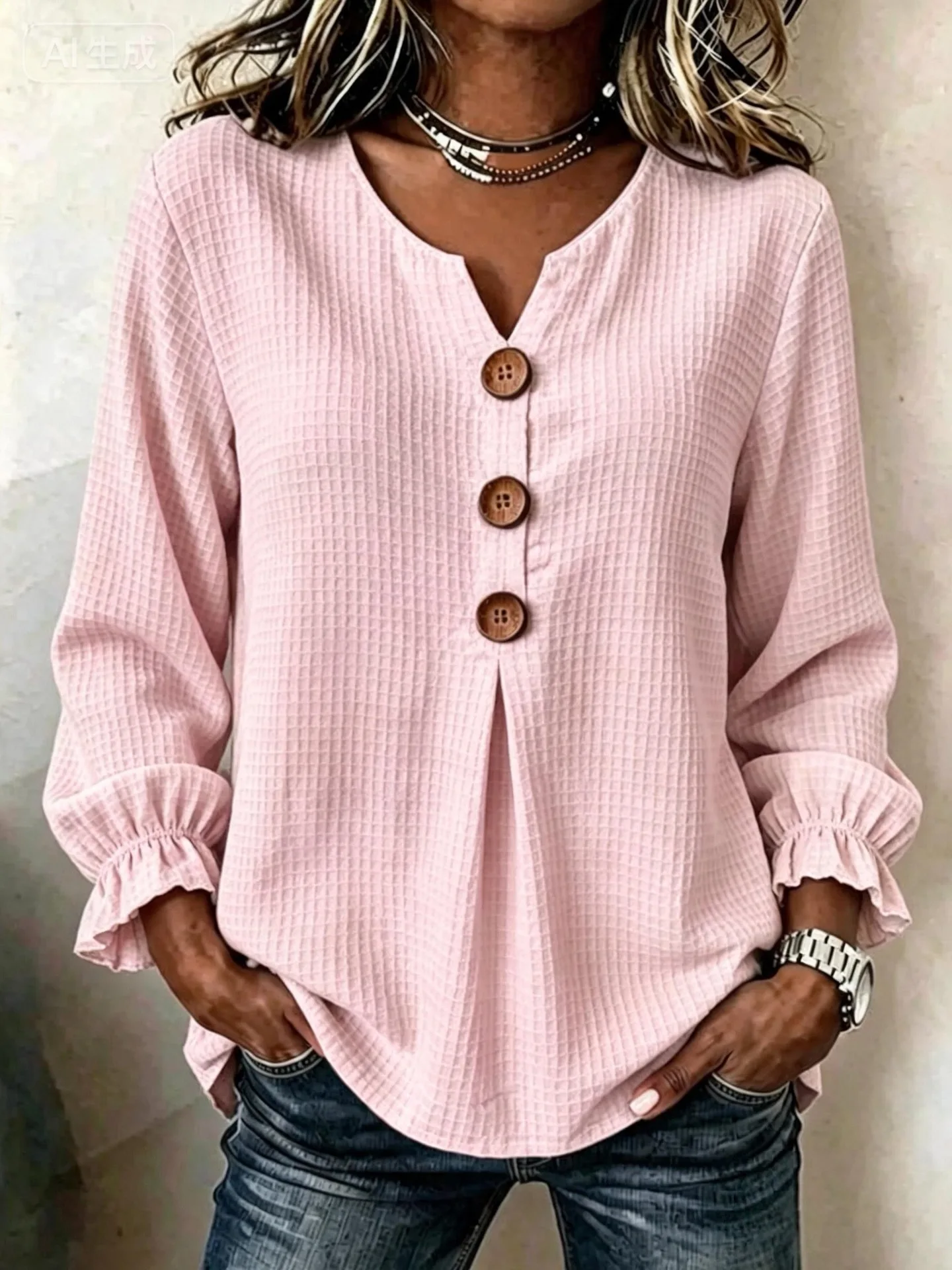MsChuh Long Sleeved Top For Women Autumn New Waffle Solid Color With Loose And Comfortable Ruffle Sleeves Slimming Casual Tops 3