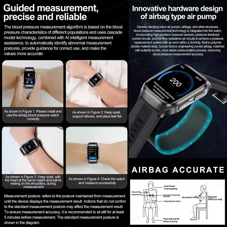 New Air Pump Blood Pressure Measure Smart Watch Men Micro Physical Examination Reduce three highs Airbag Smart Voice Call Watch
