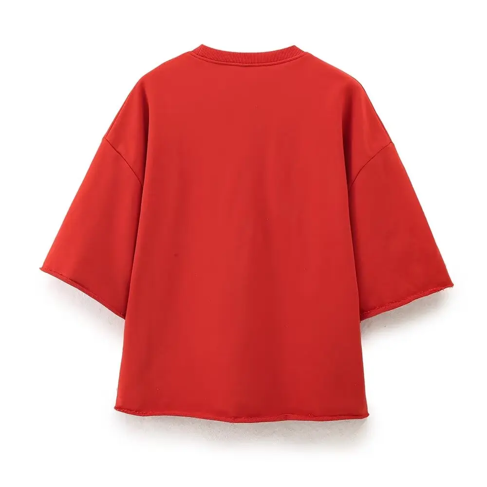 Tangada 2024 Women Red Embroidery Sweatshirts Oversize Short Sleeve Loose Hood Pullovers 6H0253