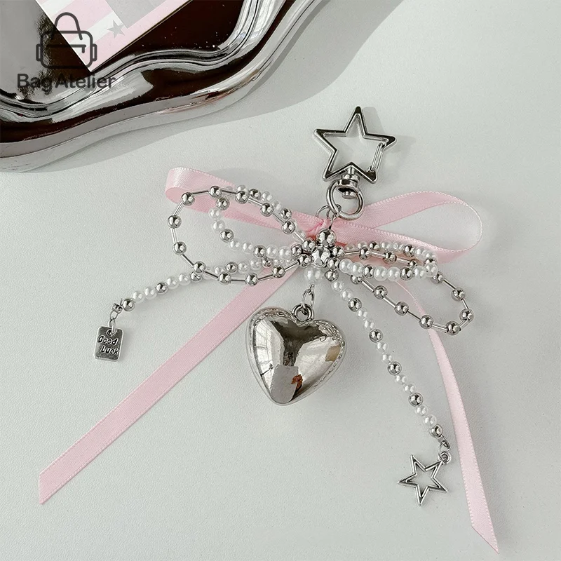 

Creative Imitation Pearl Bow Bag Charm Key Ring Ribbon Heart Beaded Keychain Korean Backpack Pendant Y2k Pendant Jewelry