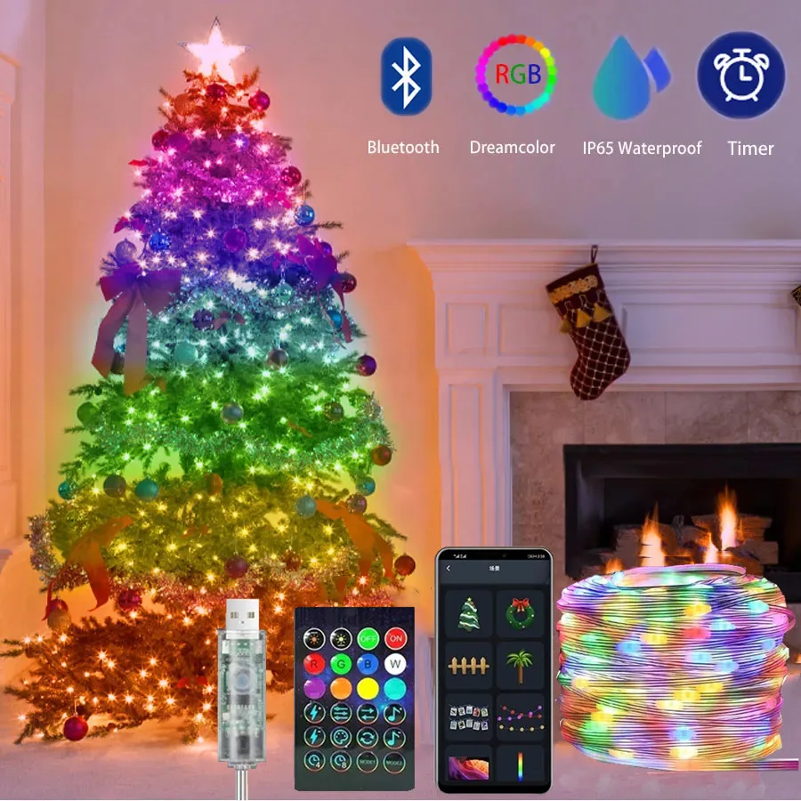 LED Multicolor Fairy String Lights, 20m 200leds 5V Addressable Waterproof Curtain Lights, Christmas Lights Remote & Bluetooth