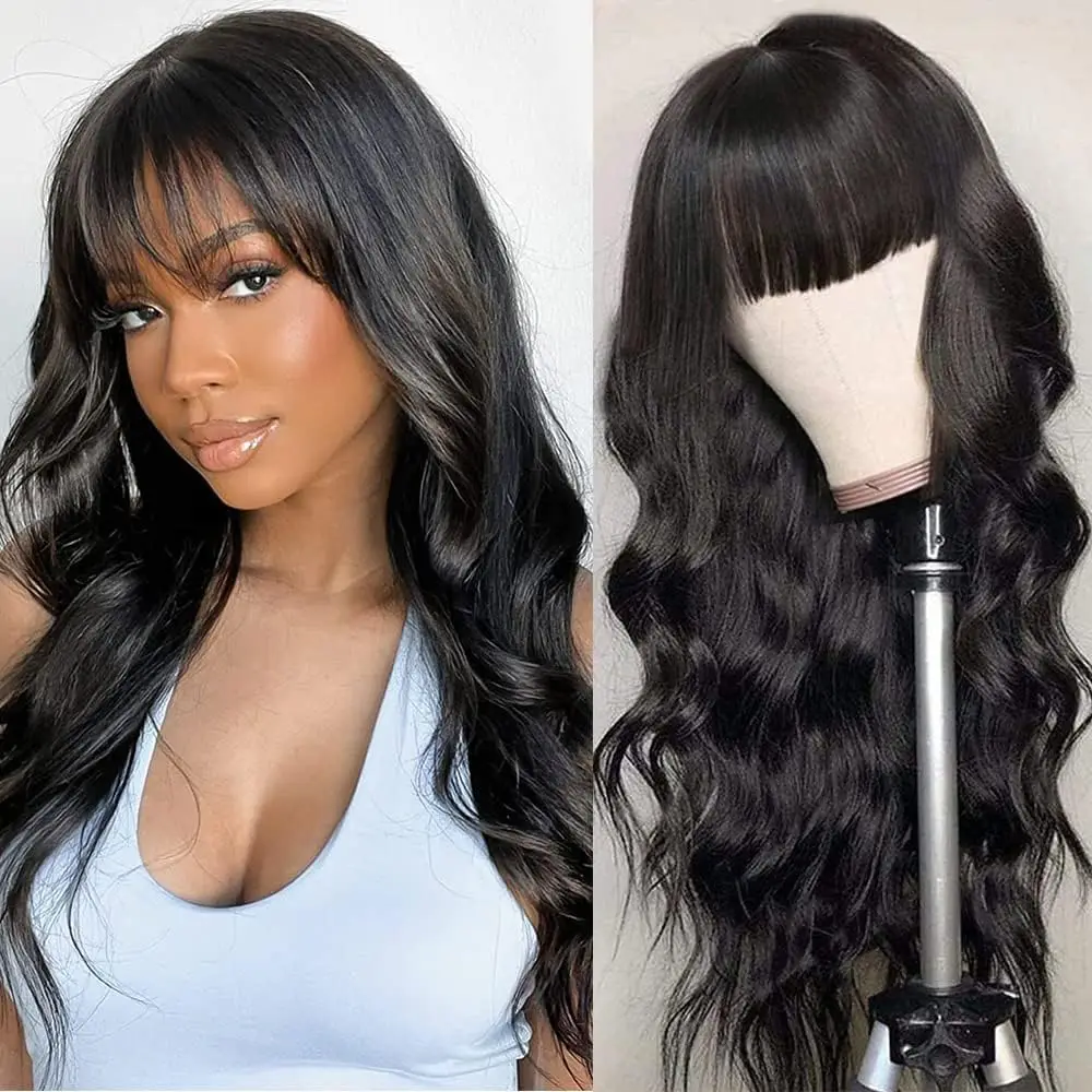 

Body Wave Wigs with Bangs 3x1 Middle Part Lace Wig Glueless Machine Made Wig Natural Color Body Wave Fringe Wig Human Hair