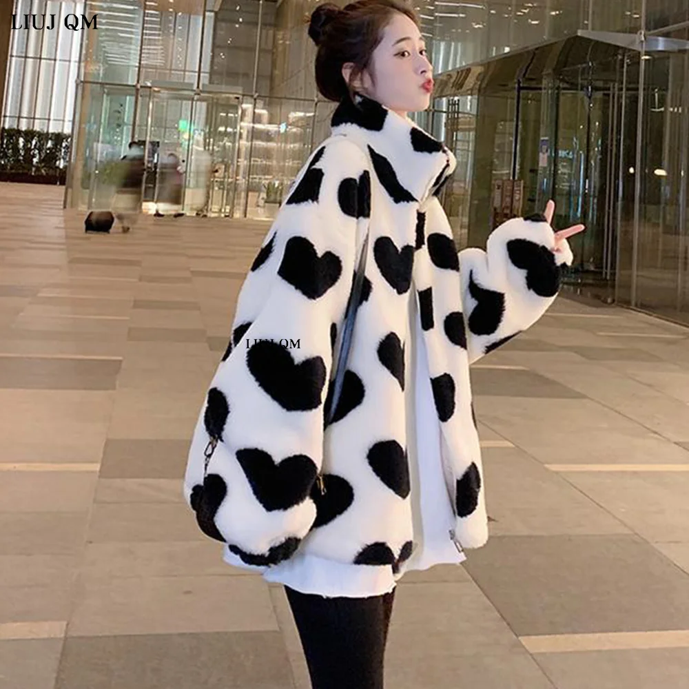 Autumn Winter Short Jacket Female Casual Fashion Lamb Fluffy  Korean Plush OverCoat Loose Heart Pattern Warm Faux Fur Coat Women