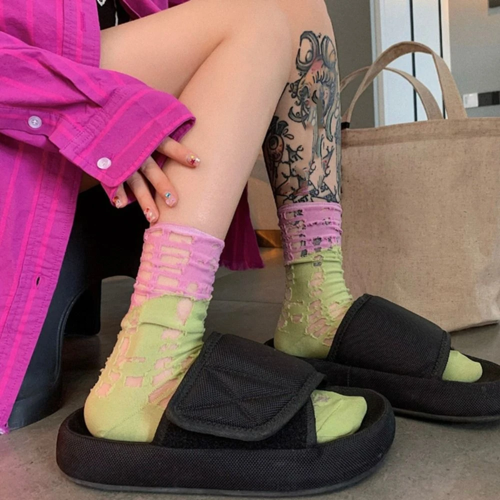 Fashion Glass Silk Ripped Tube Socks Color Blocking Breathable Hollow Mesh Socks Pile Up Stockings Women's Socks Girl