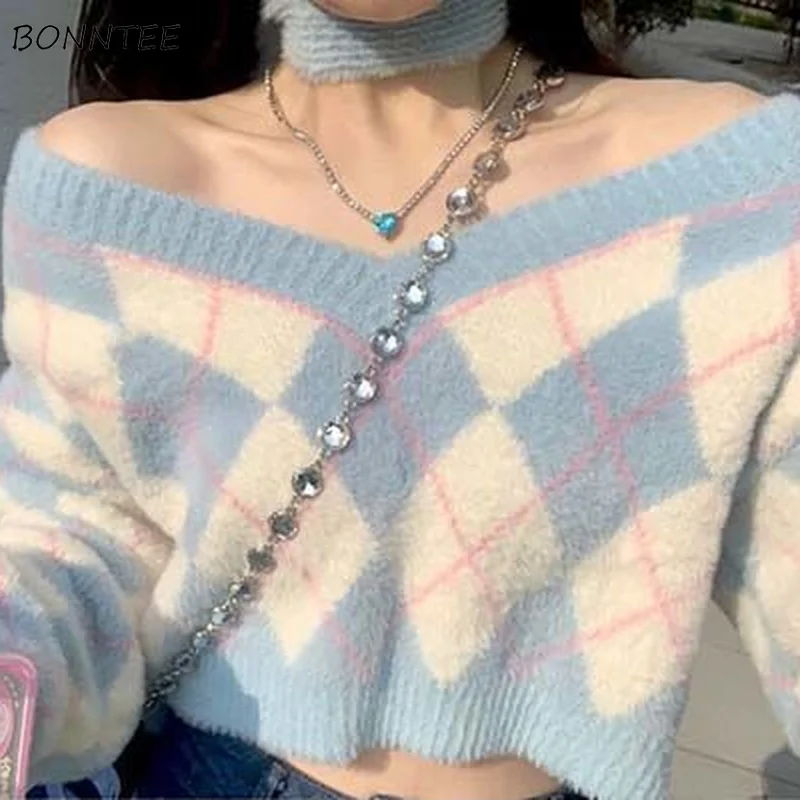 Pullovers Women Sweaters Argyle Korean Style Slash Neck Daily Spring Warm All-match Long Sleeves Casual Popular New Arrival Cozy