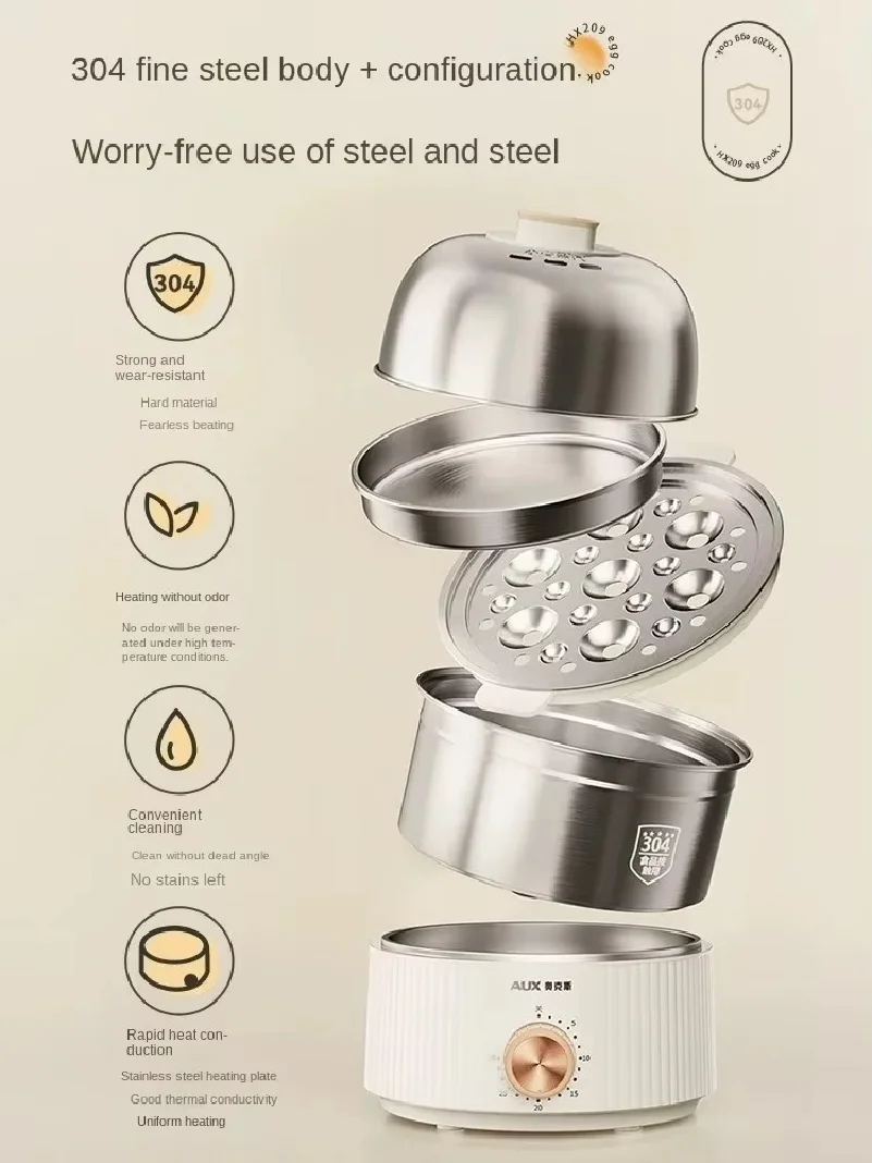 220V 1 Layer/ 2 Layers Home Electric Egg Cooker Automatic Power-Off Stainless Steel Egg Steamer With Timer Breakfast Machine