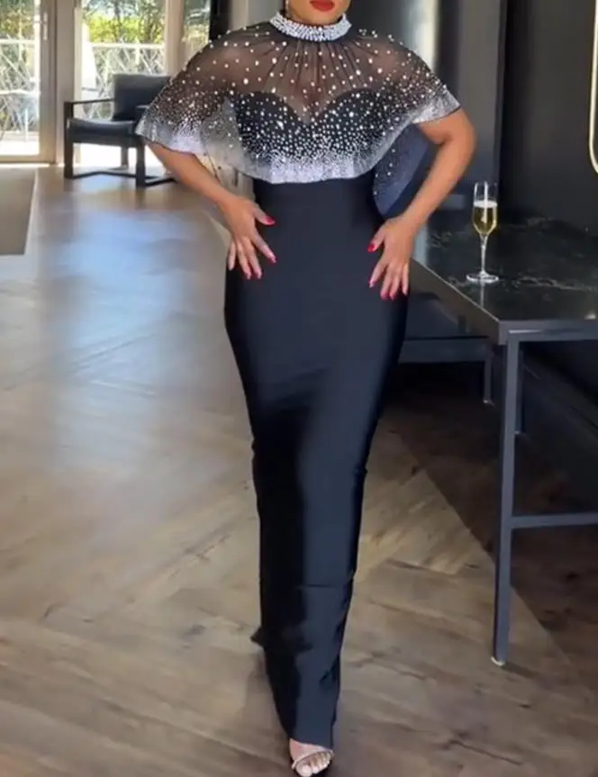 

2 Piece Outfit Zipper Back Slit Slim Strapless Maxi Dress Rhinestone & Pearls Decor High Neck Zipper Back Sheer Mesh Poncho Cape