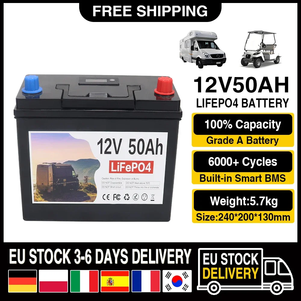 12V 50AH LifePo4 Battery Pack 6000+ Deep Cycle Built-in 100A BMS DIY 24V 48V Energy Storage System for Cookout RV Boat TAX FREE