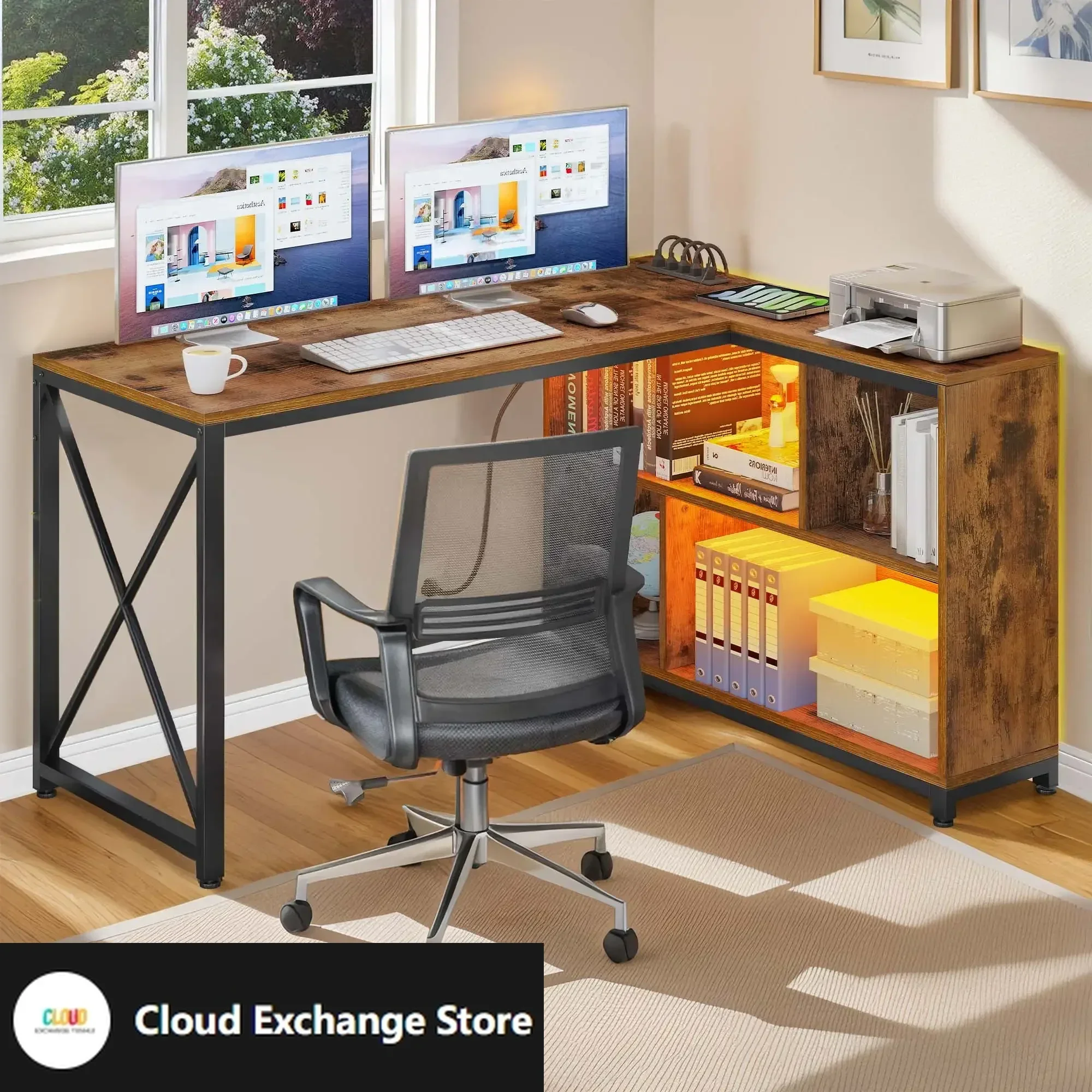 

L Shaped Desk with LED Light & Power Outlets,Computer Desk Office Desk for Home Office, Brown