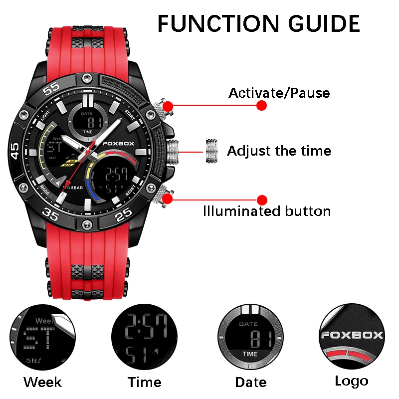 FOXBOX jam tangan Digital pria, arloji kuarsa Digital bercahaya LED olahraga militer luar ruangan tahan air 50M untuk pria