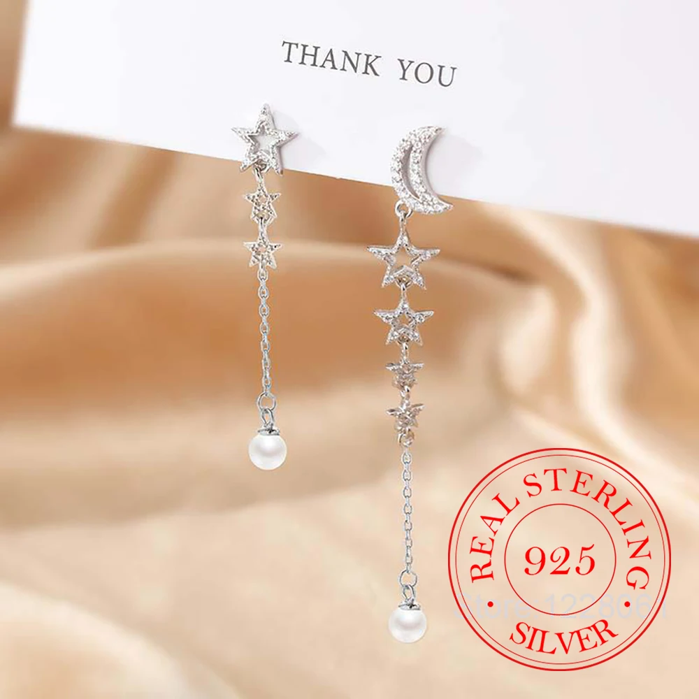 

925 Sterling Silver Asymmetric Star Moon Stud Earrings For Women Long Chain With Pearl Jewelry Wedding Engagement Party Gift