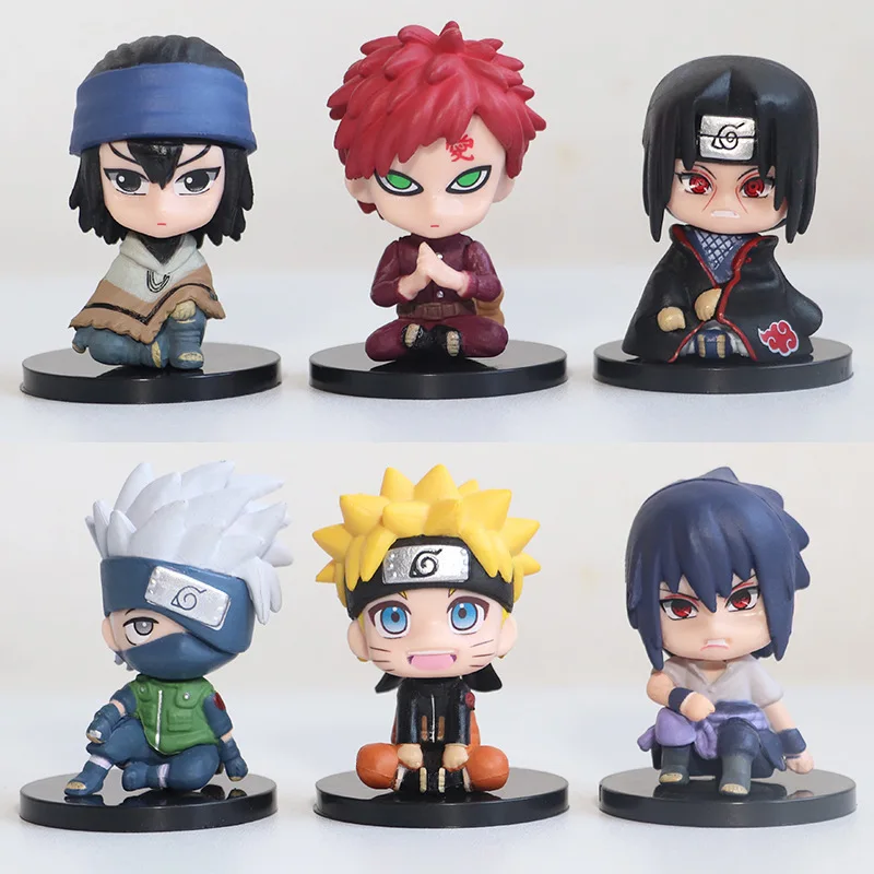 6pcs Q Edition Naruto Cartoon Sitting Position Sasuke Kakashi Gaara Model Action Anime Figures Ornaments Childrens Gifts