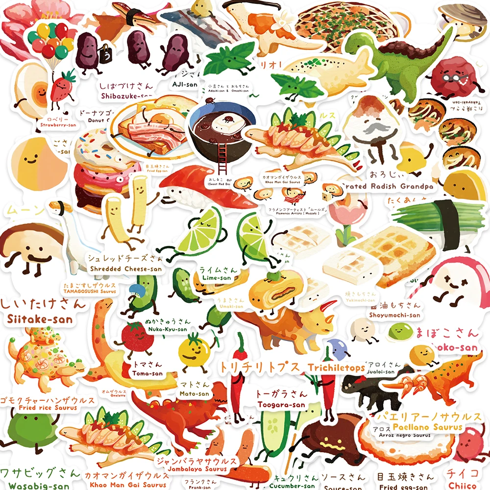 50pcs Japanese Dinosaur Themed Recipe Stickers Cartoon Graffiti Aesthetic Decals For Laptop Luggage Guitar Waterproof Stickers