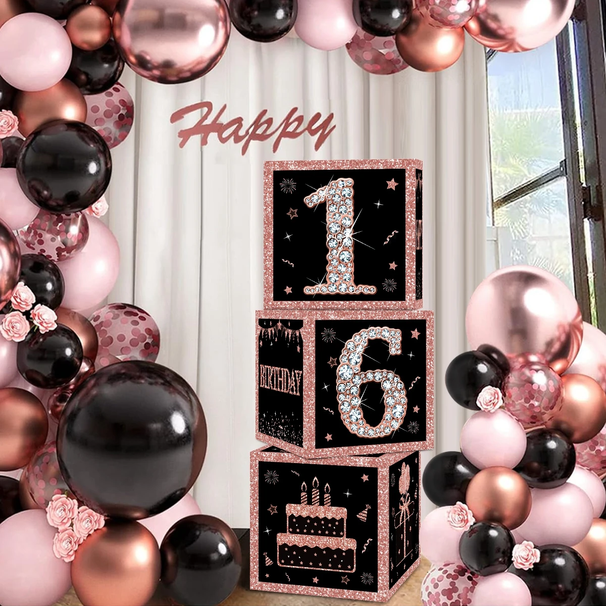 3Pcs 16/21/30/40/50/60 Years Old Black and Rose Gold Birthday Boxes Happy Birthday Party Decorations Favors Gift Boxes for Women