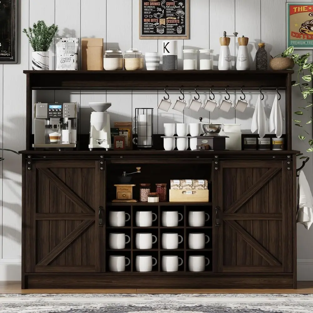 

55 Coffee Bar Cabinet with Sliding Barn Door, 12 Bottle Racks & 8 Hooks, Oak Finish