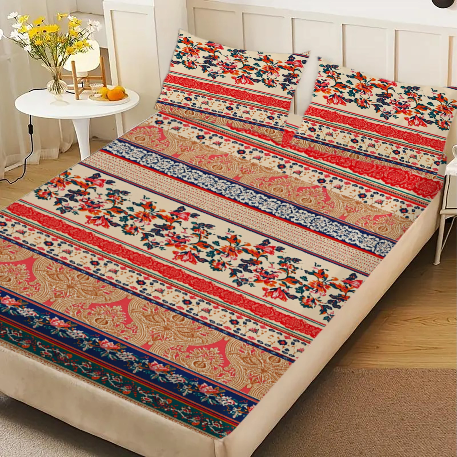 1Pc Fitted Sheet Boho Vintage Striped Soft  Mattress Cover Deep Pocket Non Slip Bed Cover for Single Queen King Room Decoration
