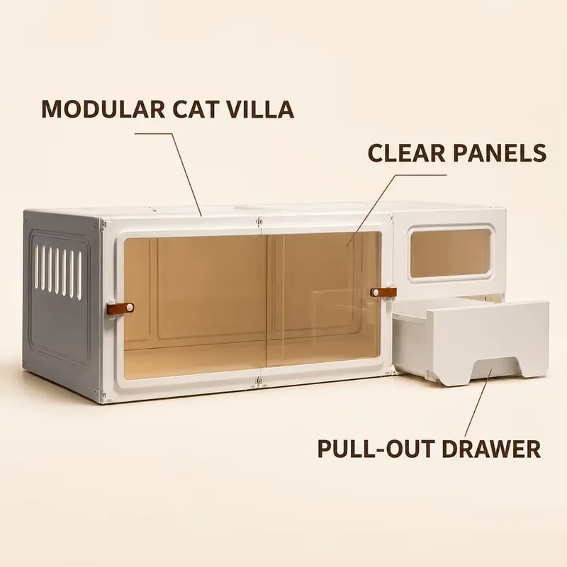 Modular Cat Villa Indoor House Cage with Pull-out Drawer Box PP Resin PS Panel 105x45cm White Breathable Easy Clean