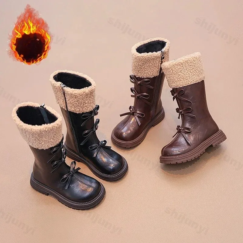 

New 2025 Fashion Long Tube Kids Shoes Fashion Bowknot Knee High Boots Girls Side Zipper Fur Boots Winter Children Princess Shoes
