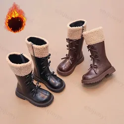 New 2025 Fashion Long Tube Kids Shoes Fashion Bowknot Knee High Boots Girls Side Zipper Fur Boots Winter Children Princess Shoes