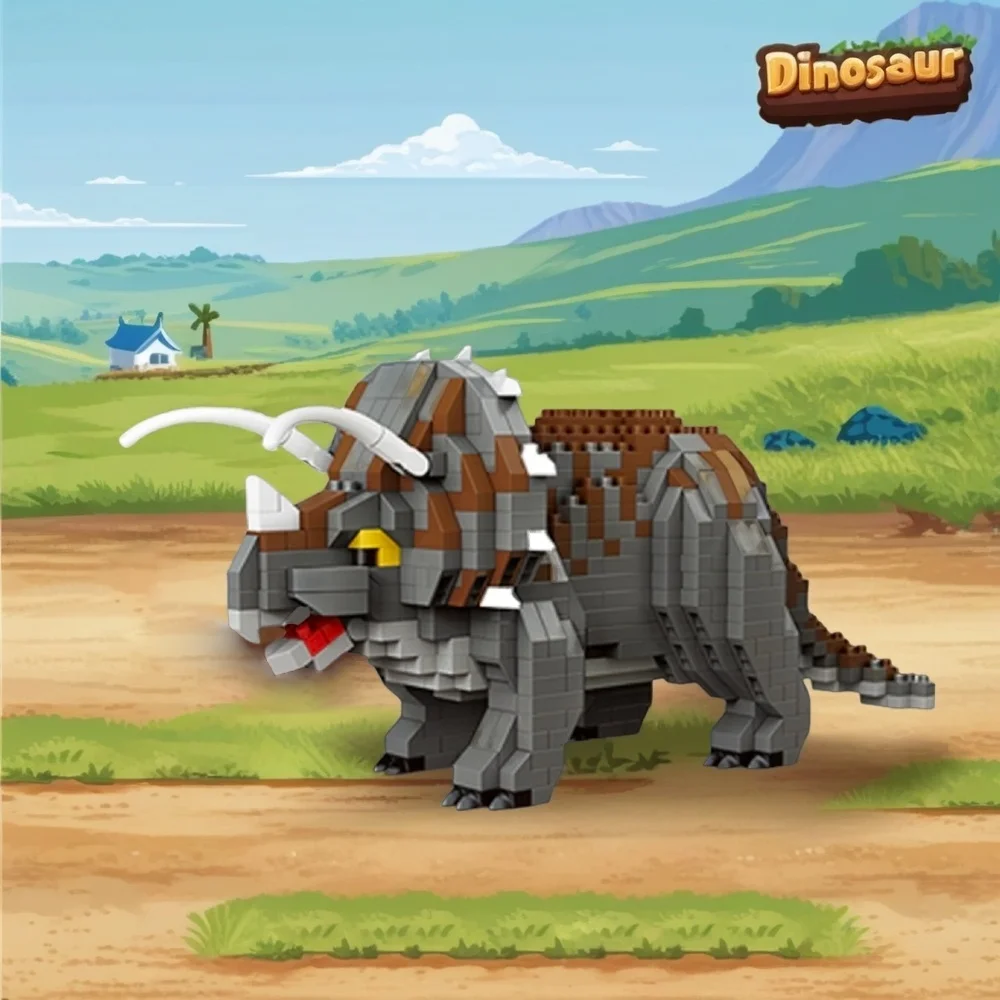 Micro blocchi di dinosauro Kit modello triceratopo fai-da-te, puzzle 3D rilassante per alleviare lo stress per adulti, mini arredamento da scrivania giurassico