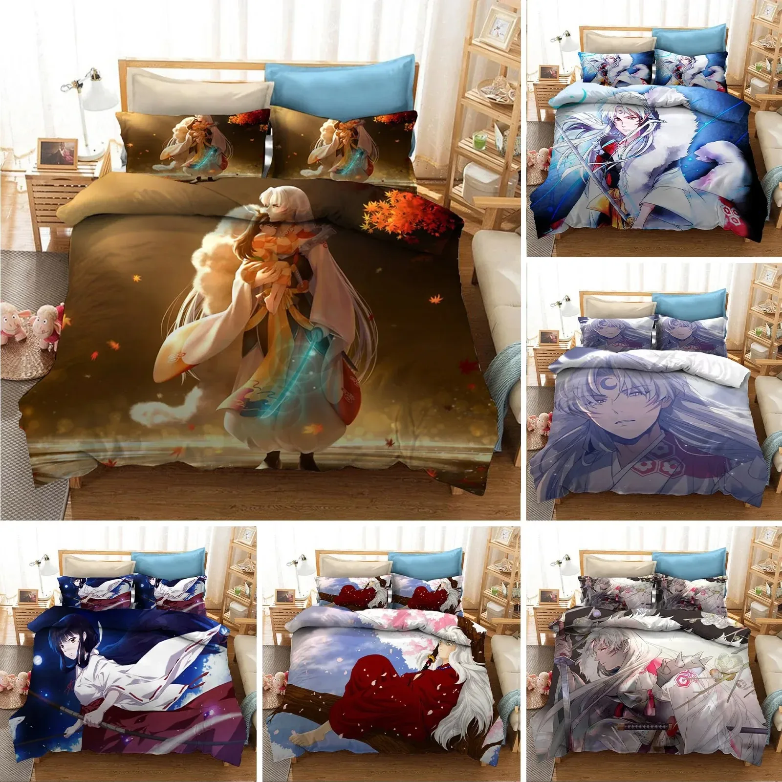 3D Printed Anime Inuyasha Duvet Cover Sesshoumaru Bedding Set Double Twin Full Queen King Adult Kids Bedclothes Quilt Cover 013