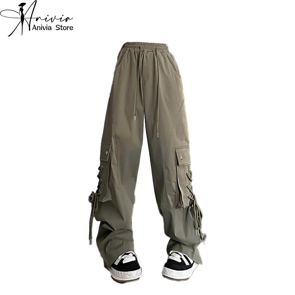

Y2K Pant Women Drawstring Pockets Wide Leg Chic Punk Pants Green/Black Baggy Striped Sports Sweatpants Parachute Jogger Trousers