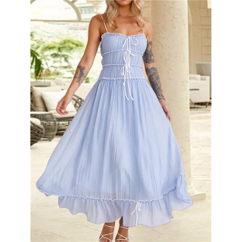 ใหม่-สตรี 2025 ฤดูร้อนชุดลําลองสปาเก็ตตี้ RIC Rac Trim Smocked Ruffle Beach Long Maxi ชุด