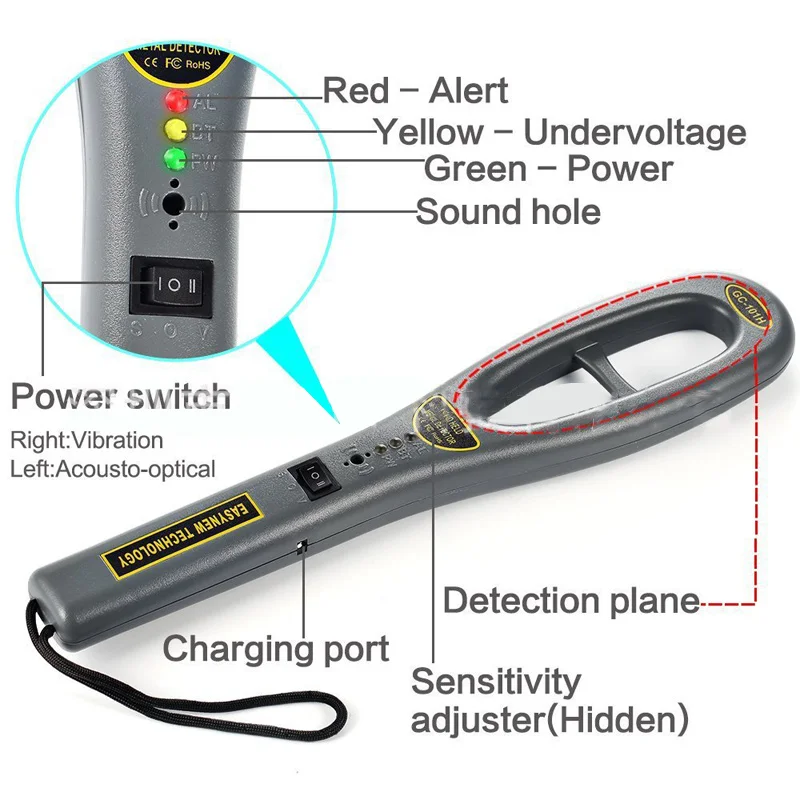 GC-101H Stazione metal detector portatile Aeroporto Speciale ad alta sensibilità per l'ispezione della sicurezza Strumento di allarme a vibrazione con luce sonora