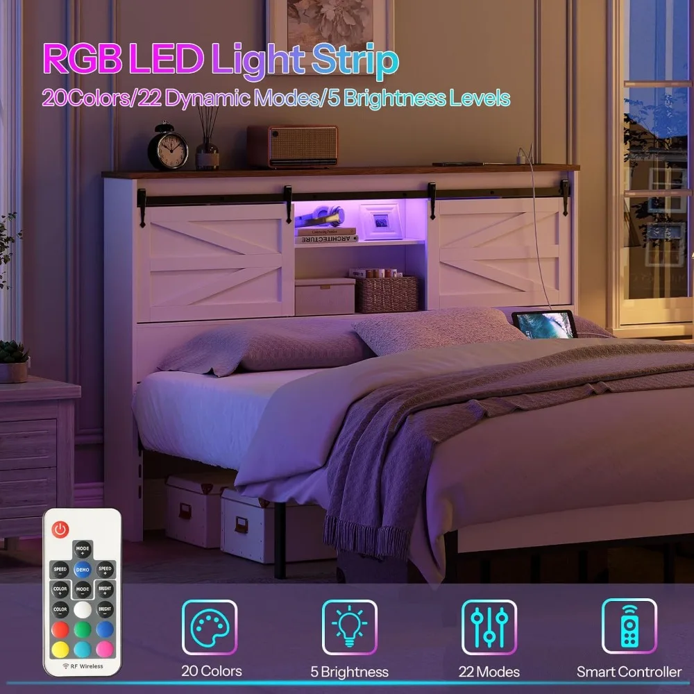 لوح رأس كوين مع رف تخزين، لوح أمامي كوين للمزرعة فقط مع محطة شحن وأضواء LED، لوح أمامي لخزانة الكتب #5