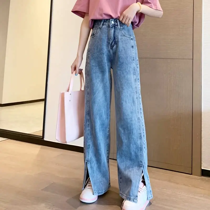 

Женские джинсы с высокой талией, широкие, прямые, тонкие, свободные, маленькие размеры, длина в пол, повседневные, летняя коллекция