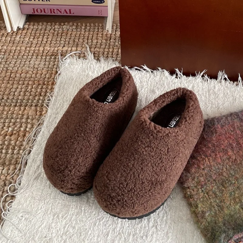 

Fashionable Warm Cotton Slippers Beige Retro Flat Fur Slippers Women's New Winter Outer Wear Baotou Heightening Comfort Slippers