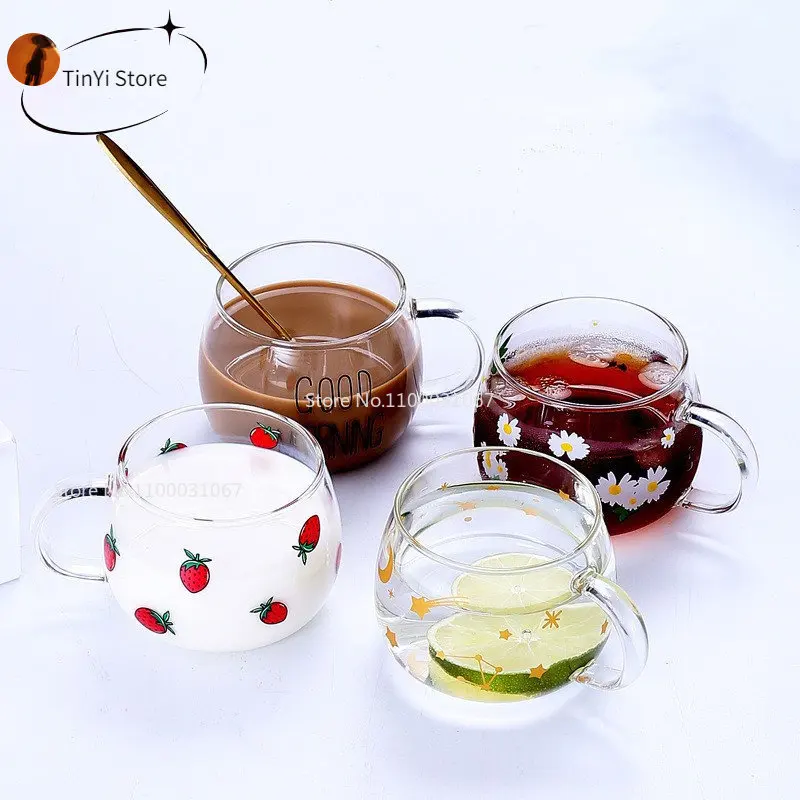 380ml Cute Letter Transparent Glass Coffee Tea Mug Strawberry Drinks Dessert Breakfast Milk Cup Glass Mugs Handle Drinkware