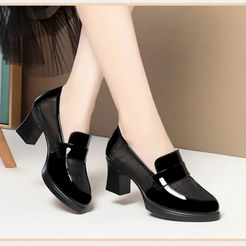 Spring/Autumn Women's Mesh & Leather Fashion High Heels - Hollow Out Soft Leather Mid Heel Soft Sole Chunky Heel Loafers2026