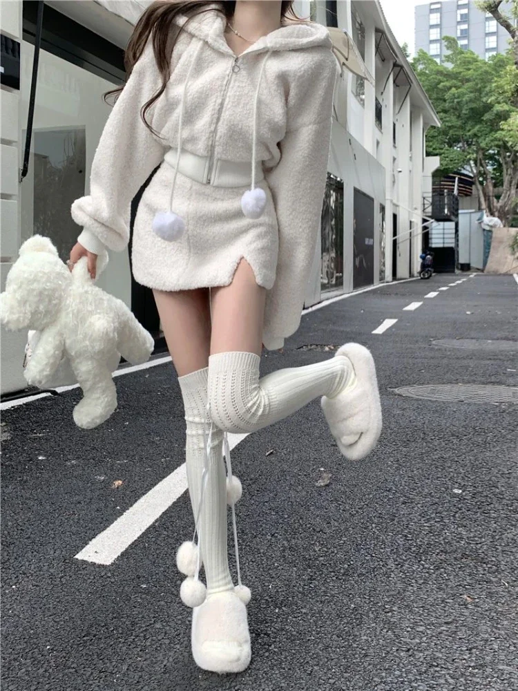 Ensemble Deux Pièces pour Femme, Jupe Blanche Y2k, Style Harajuku, Élégant, Sweat à Capuche à Manches sulf+ Mini Jupe Sexy à Fourche Ouverte,