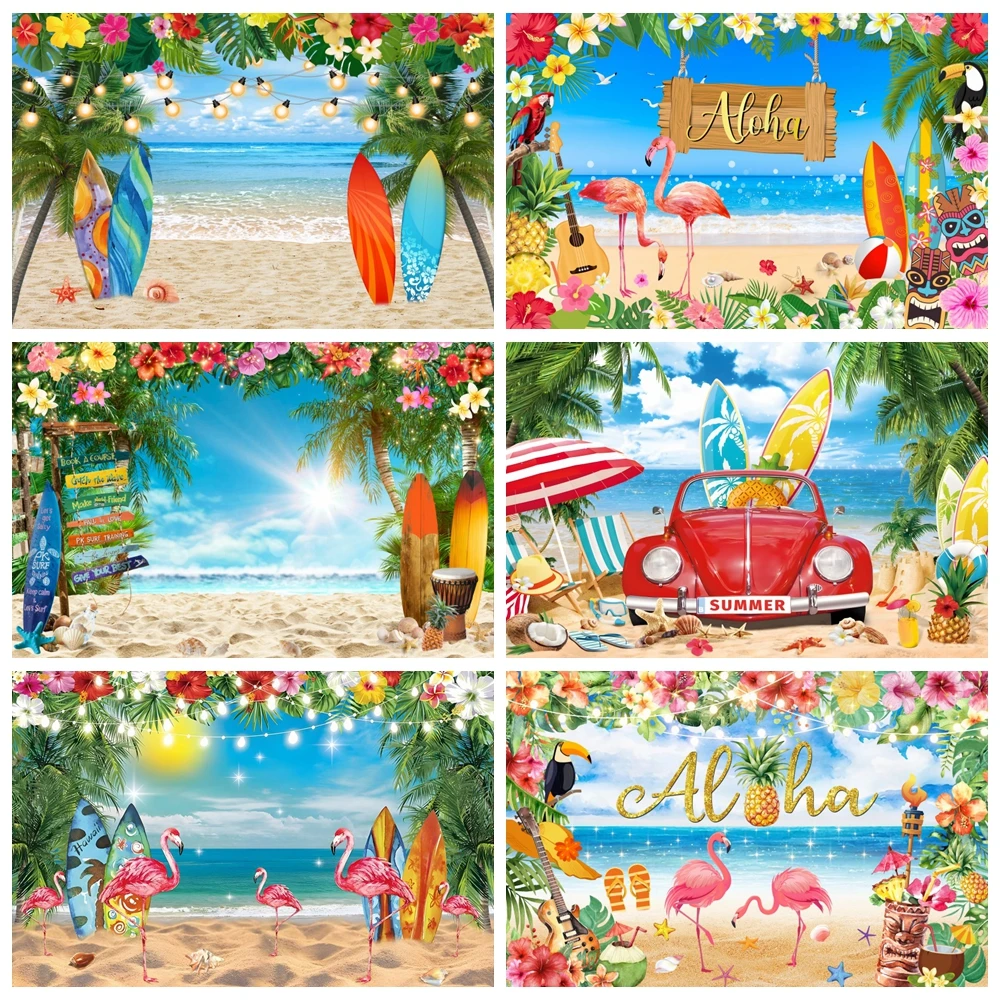 

Summer Hawaii Tropical Beach Backdrop Aloha Luau Flamingo Ocean Surfboard Seaside Wedding Birthday Party Photography Background